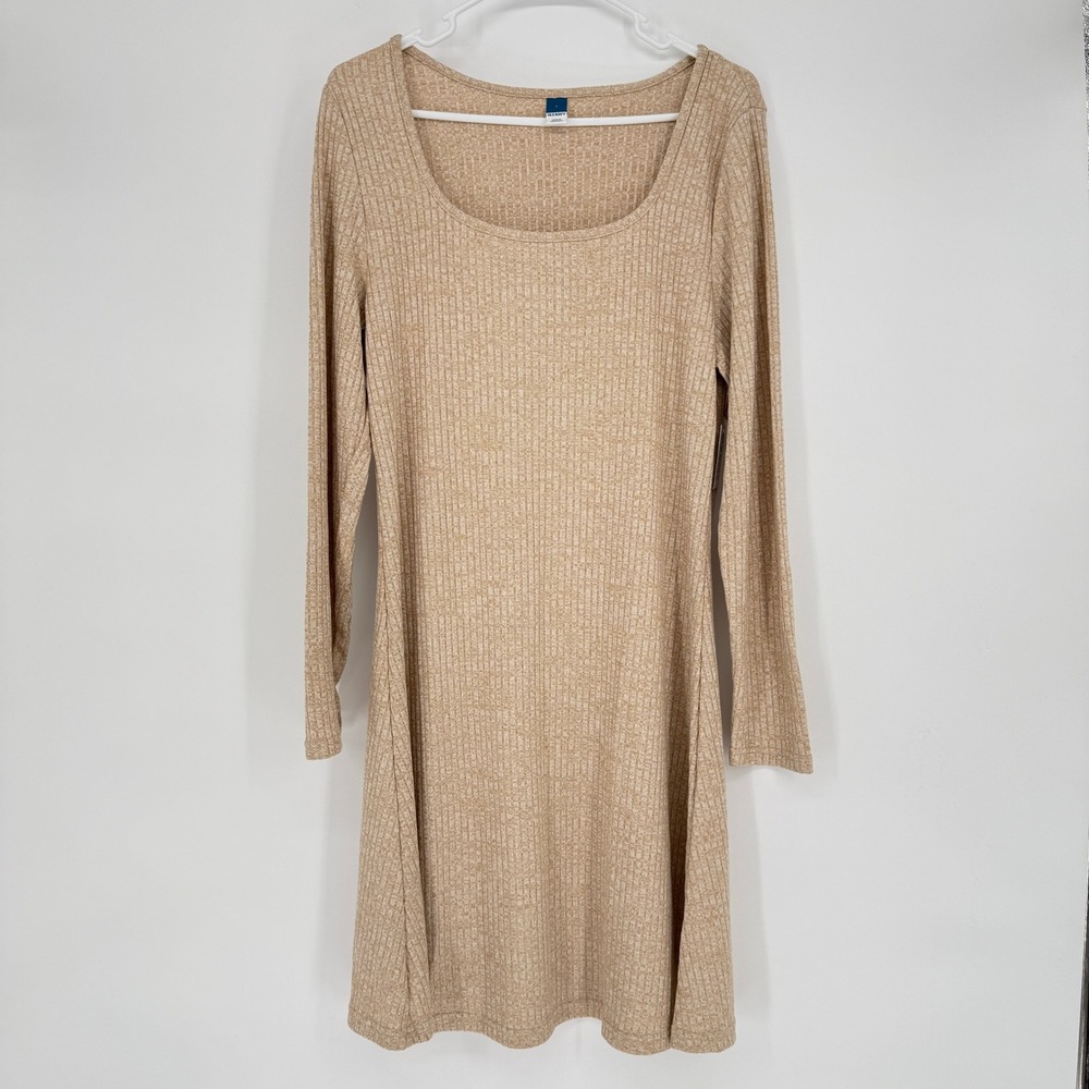 Old Navy Long Sleeve Ribbed Knit A Line Mini Dress‎ Oatmeal Heather Size L NWT